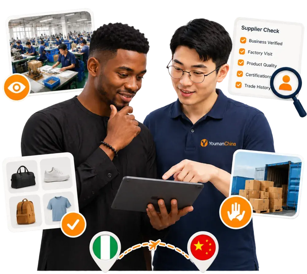A Youman agent in China checking a supplier together with a Nigerian buyer