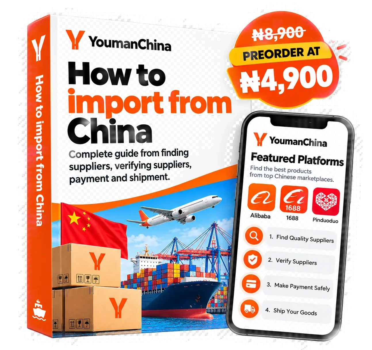 The YoumanChina import guide: a printed book beside a phone showing the Chinese marketplaces it covers.